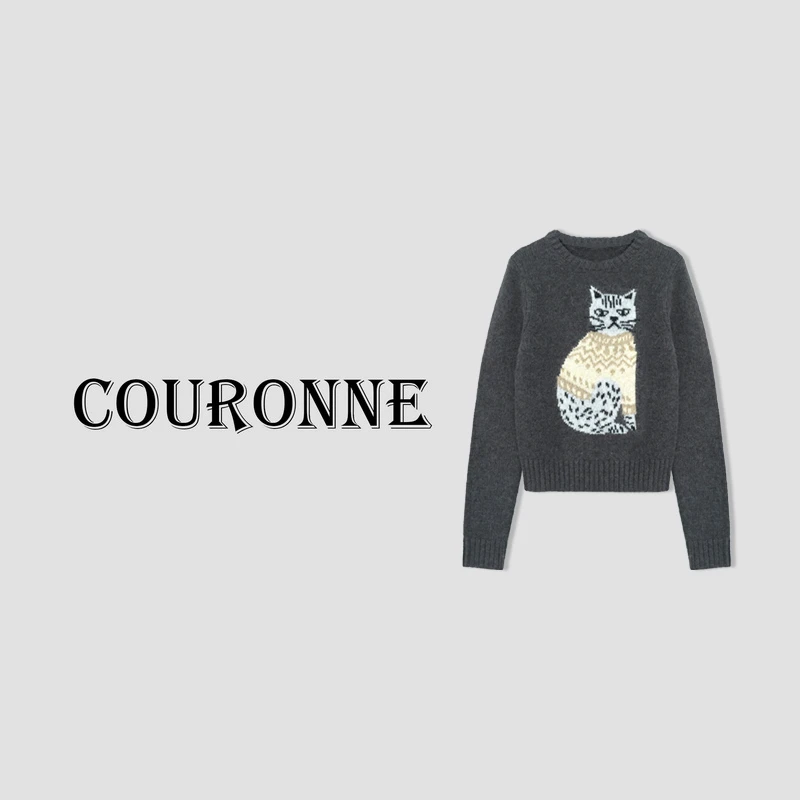 【小熊48h】-秋冬轻奢小猫百搭时尚感休闲圆领套头毛衣29883