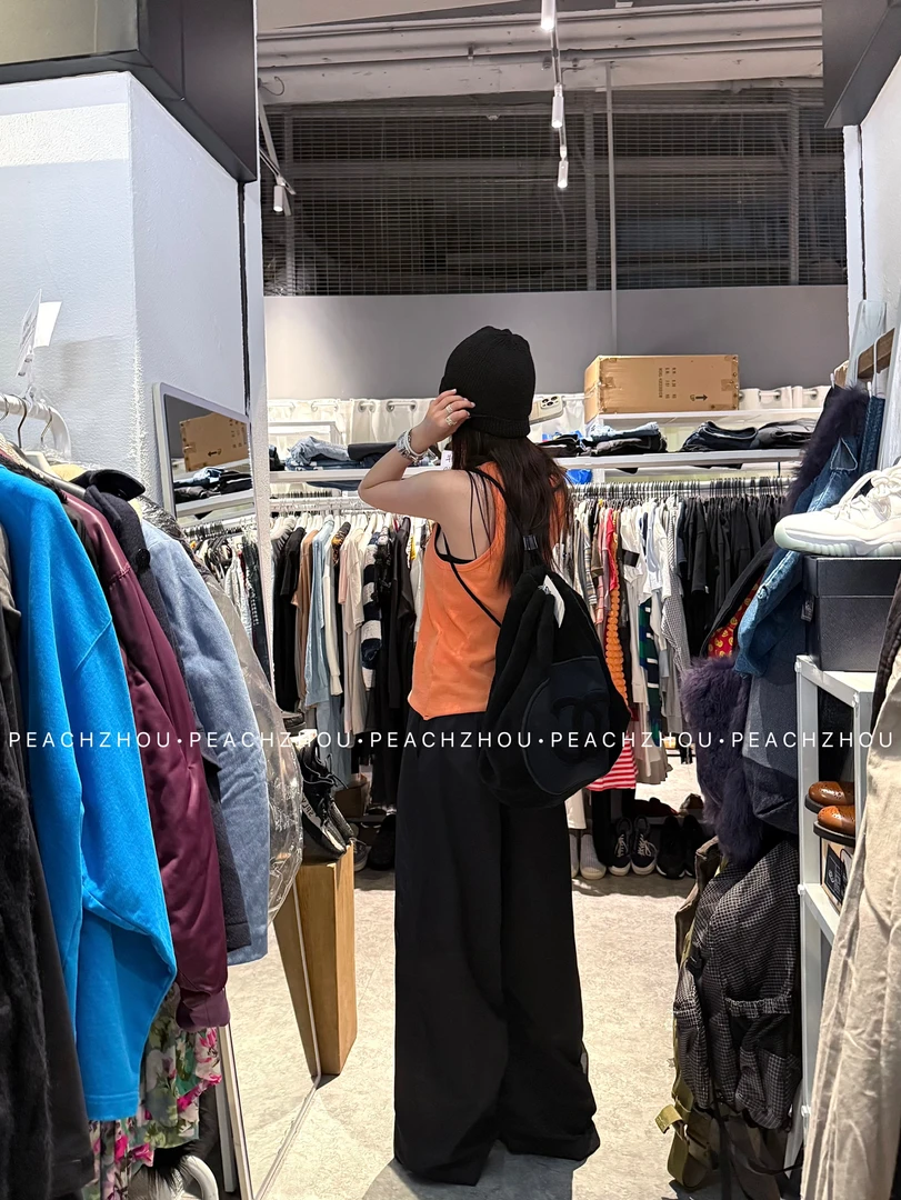 『PEACHZHOU』纯色宽松系扣冲锋裤简约休闲通勤百搭松驰阔腿长裤女