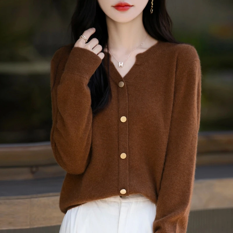 秋冬半开V领100%羊毛衫女假开衫套头长袖宽松毛衣针织打底衫上衣