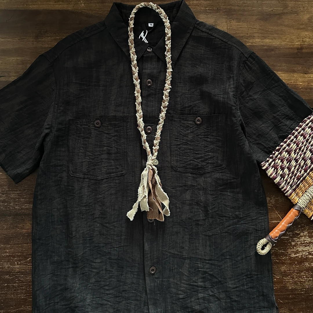 Sina日系复古斑驳感亚麻凉感宽松短袖休闲衬衫661