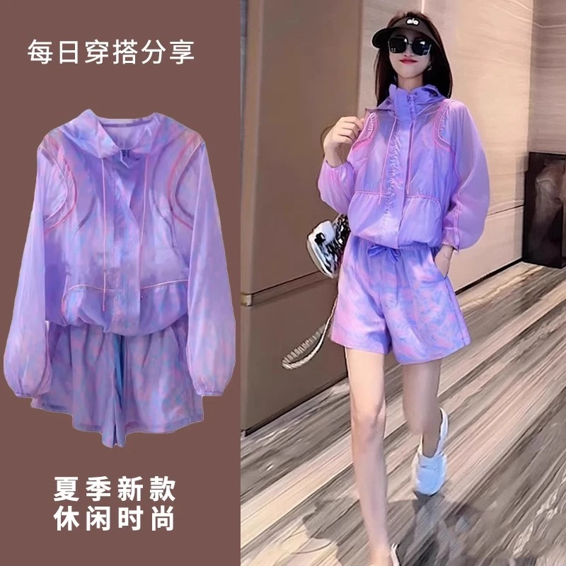 欧洲站轻薄运动套装女夏季新款大码胖mm防晒衣+休闲短裤两件套潮
