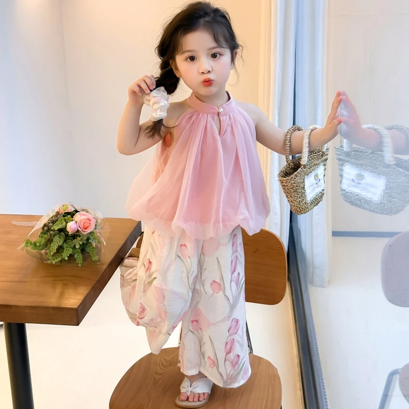 女童夏季薄款套装2025新款儿童气质无袖上衣宝宝防蚊阔腿裤两件套