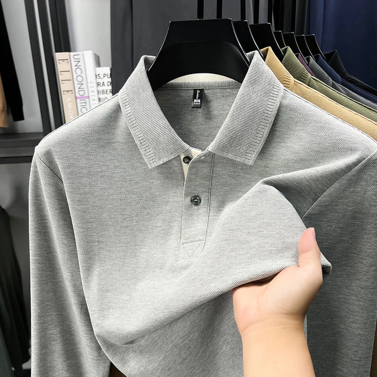【长袖】扁机领男士POLO衫编织门襟秋冬季保暖棉长袖商务休闲纯色