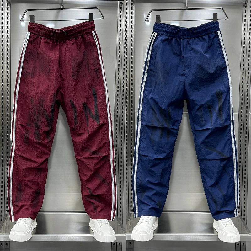 时尚潮流百搭脏脏休闲裤男夏季薄款三道杠直筒裤冰丝运动裤哈伦裤
