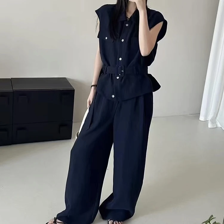 复古气质无袖腰带衬衫宽松阔腿裤套装A14830