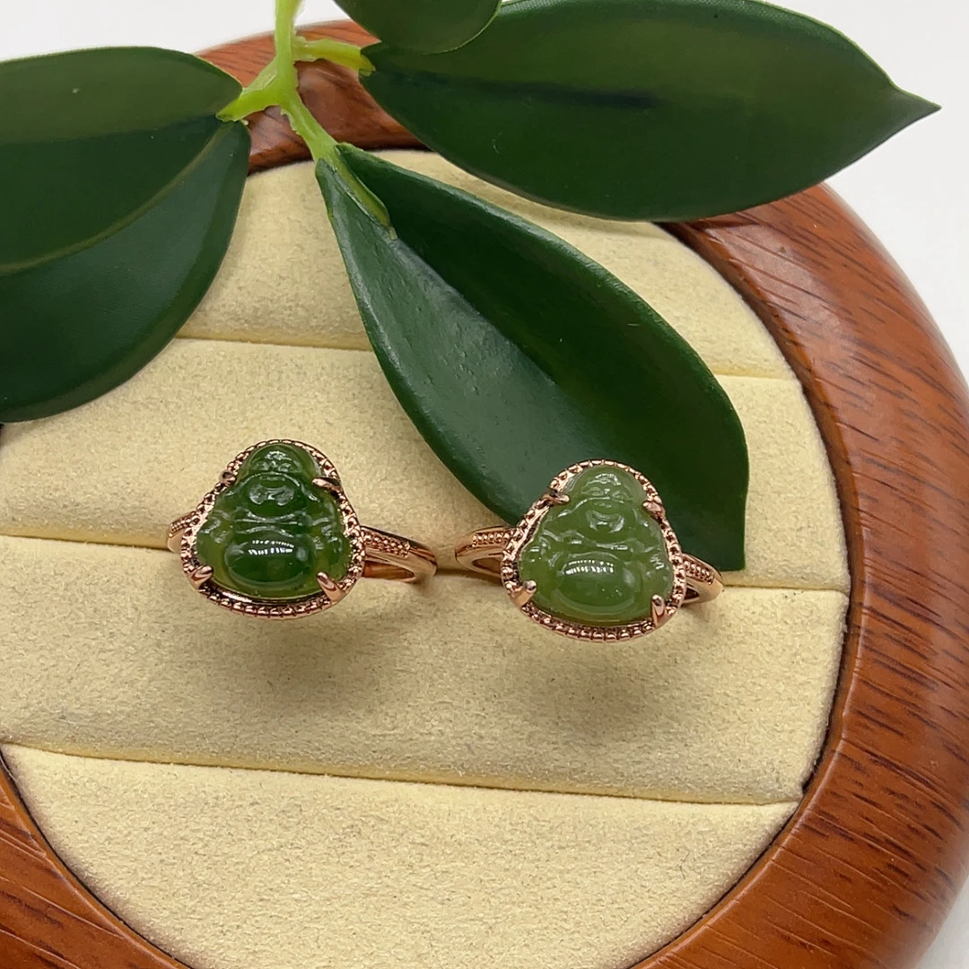 合金镶嵌和田碧玉小佛戒指（拍一发一多样性发货）