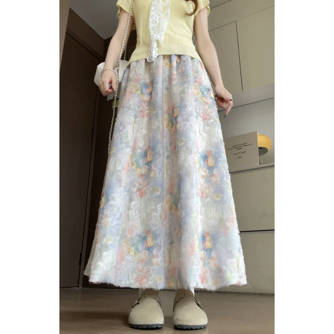 彩虹莫奈花园半身裙女2025夏季高腰显瘦甜美休闲度假风蓬蓬长裙