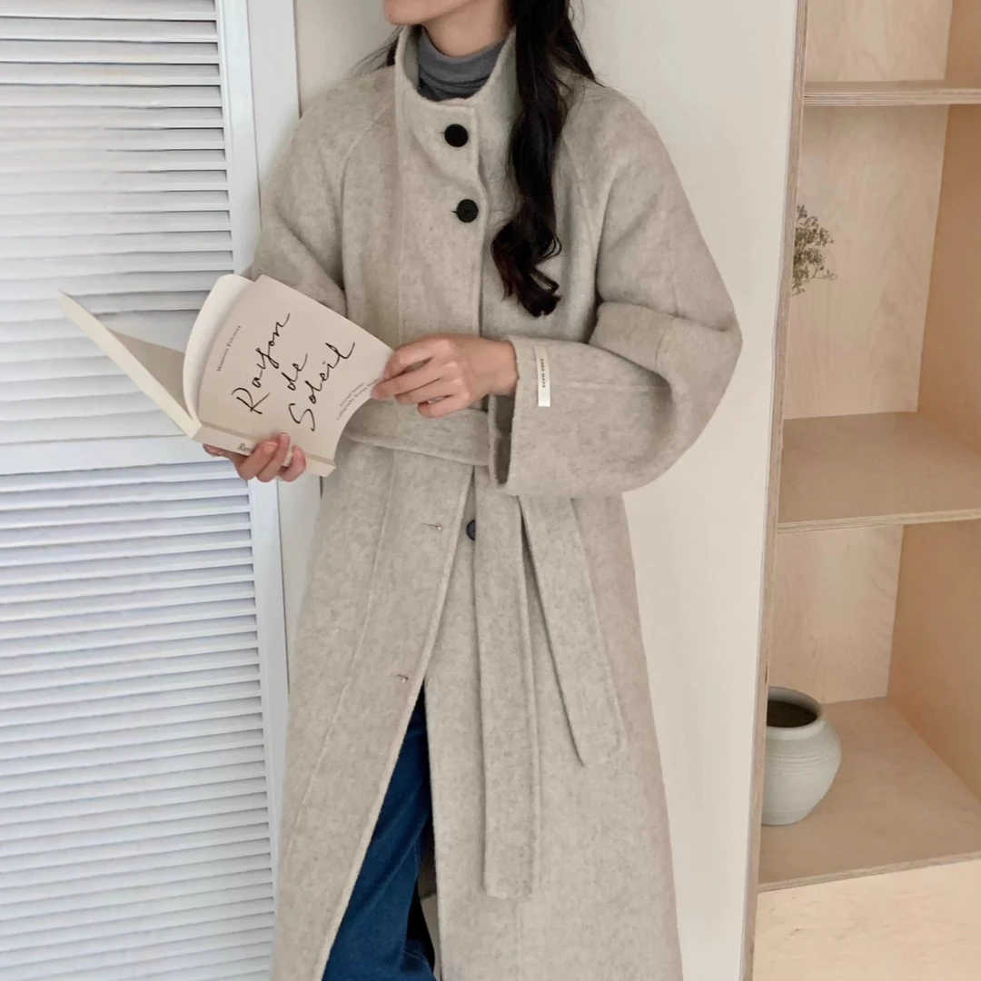 秋冬韩系立领系带宽松版双面羊毛大衣女加长款高级慵懒气质外套女