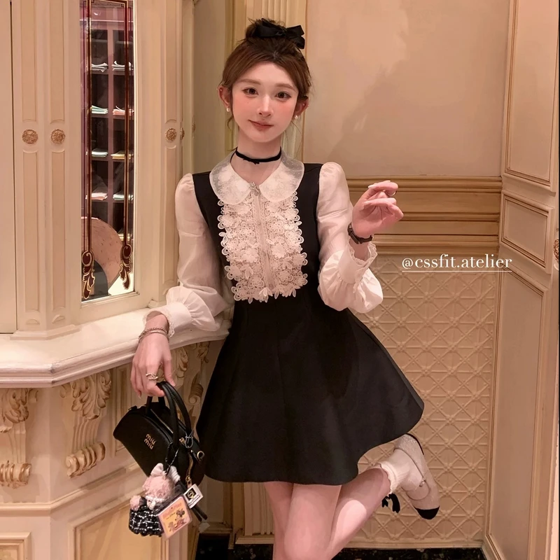 洋气高质感少女春季春游新款花朵娃娃领撞色无袖连衣裙子cs设计感