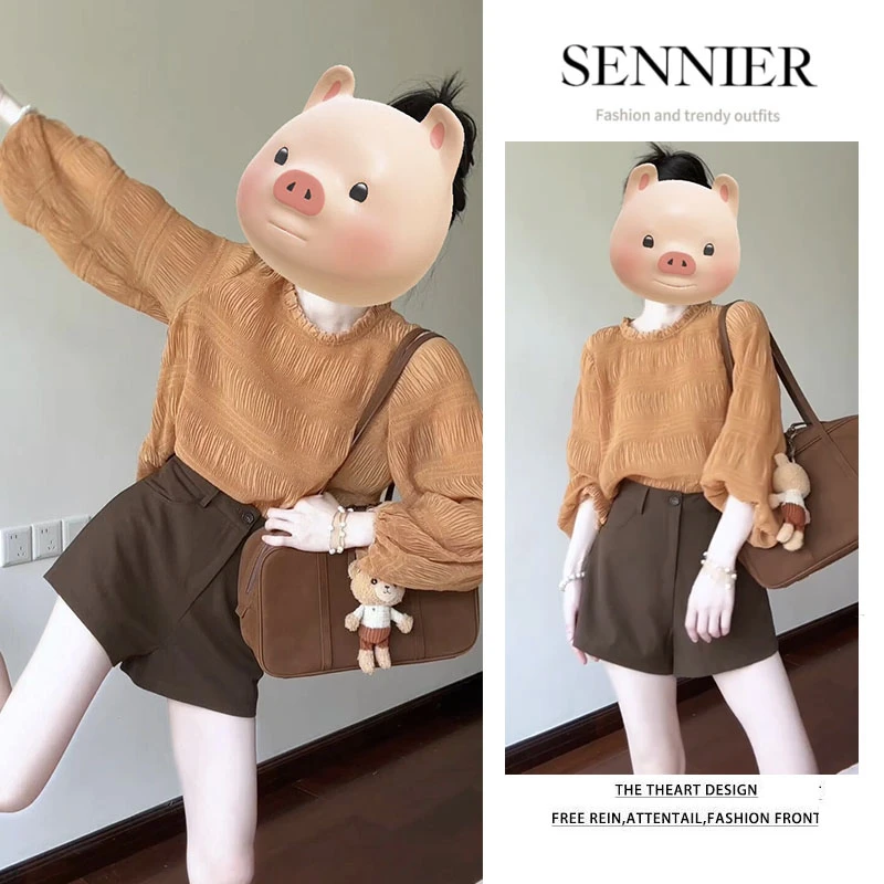 2025夏季穿搭爆款韩系小众气质显瘦长袖上衣百搭休闲短裤两件套装