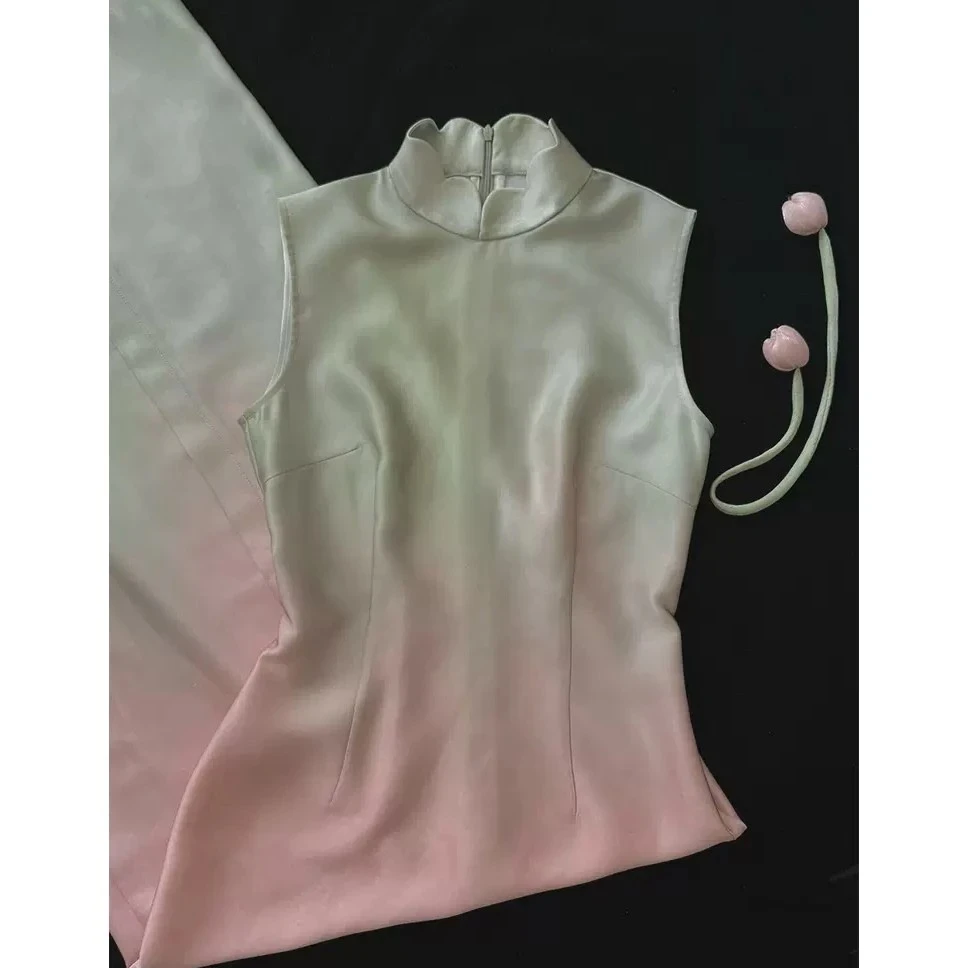 【9820】白色双层旗袍裙夏季印花女士中长裙绿色2025旗袍晕染无开衩