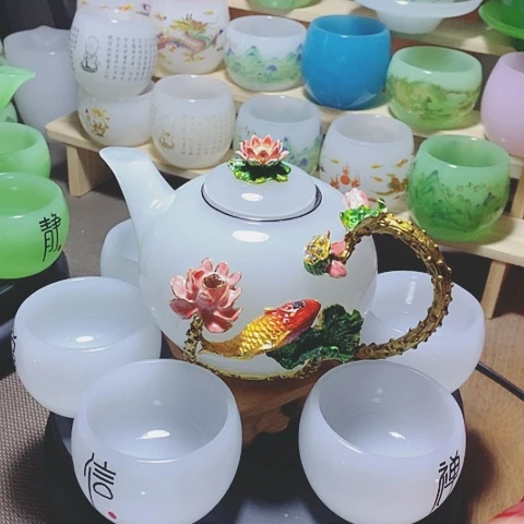 琉璃中式珐琅彩年年有余一壶六杯礼盒套装