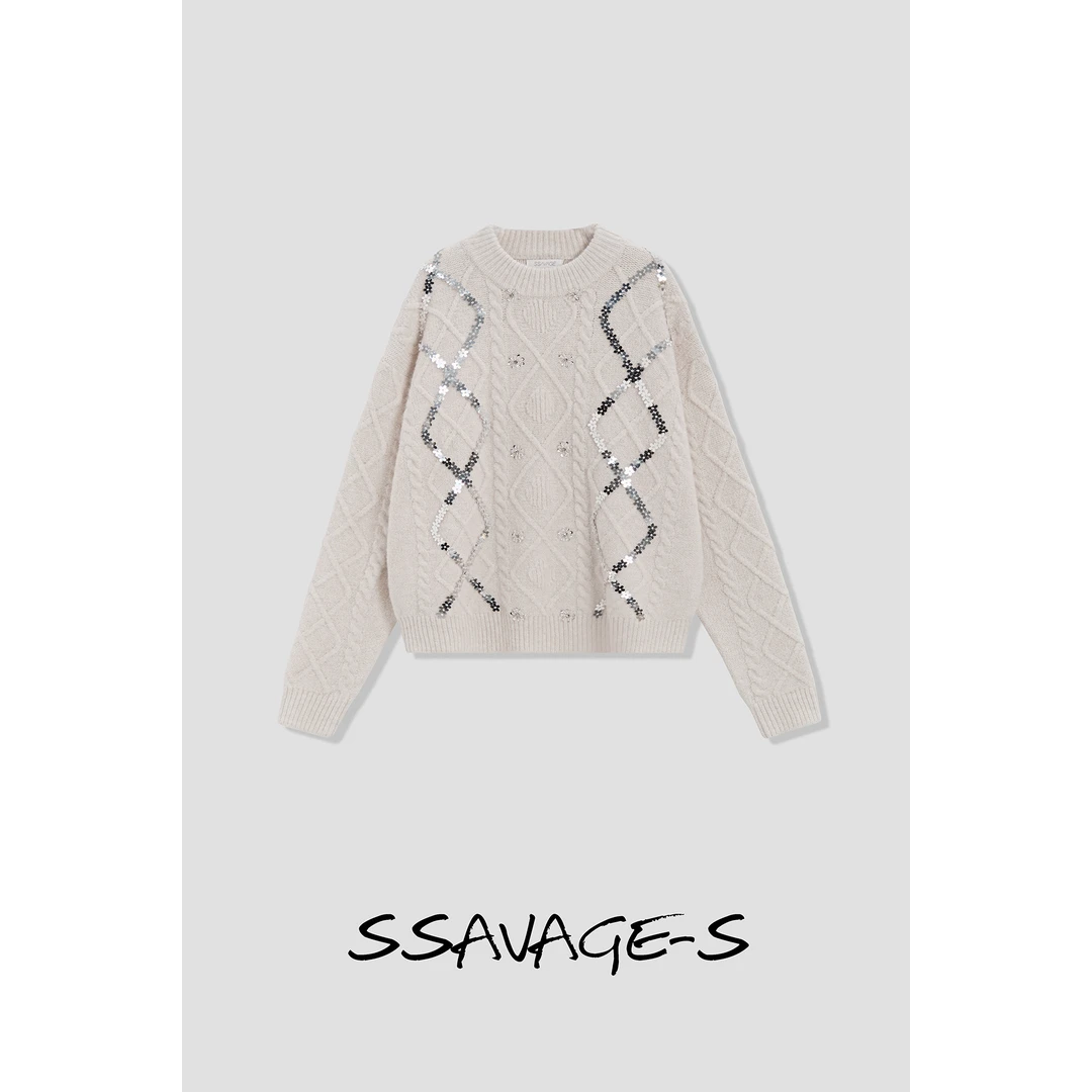 SSAVAGE“荼蘼花事”手工钉珠片花菱格编织针织套头毛衣 AW90352