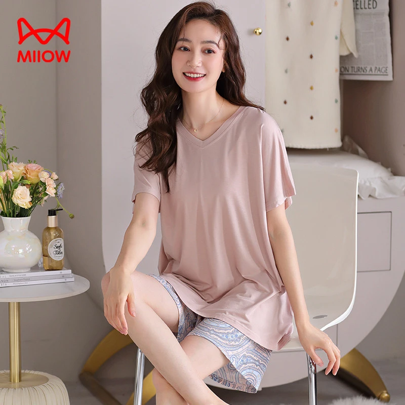 猫人莫代尔睡衣女夏季薄款短袖七分裤带胸垫套装夏天休闲风家居服