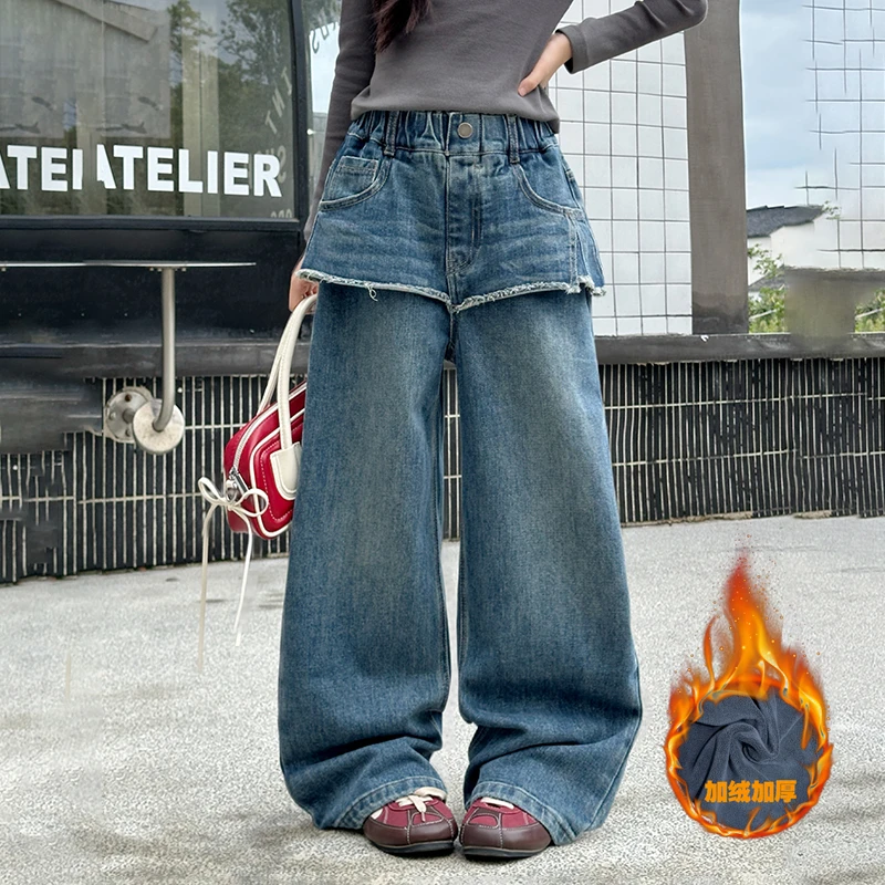 女童加绒牛仔裤2025新款秋冬洋气儿童时髦休闲中大童假两件阔腿裤