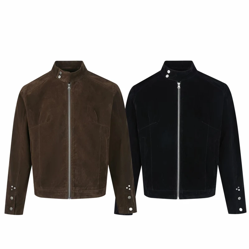 2025秋季新款复古绒皮工艺立领哈灵顿夹克外套男女休闲美拉德上衣