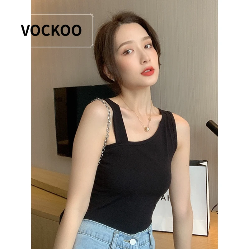VOCKOO背心女外穿潮斜肩设计感小众黑色不规则吊带无袖上衣内搭打