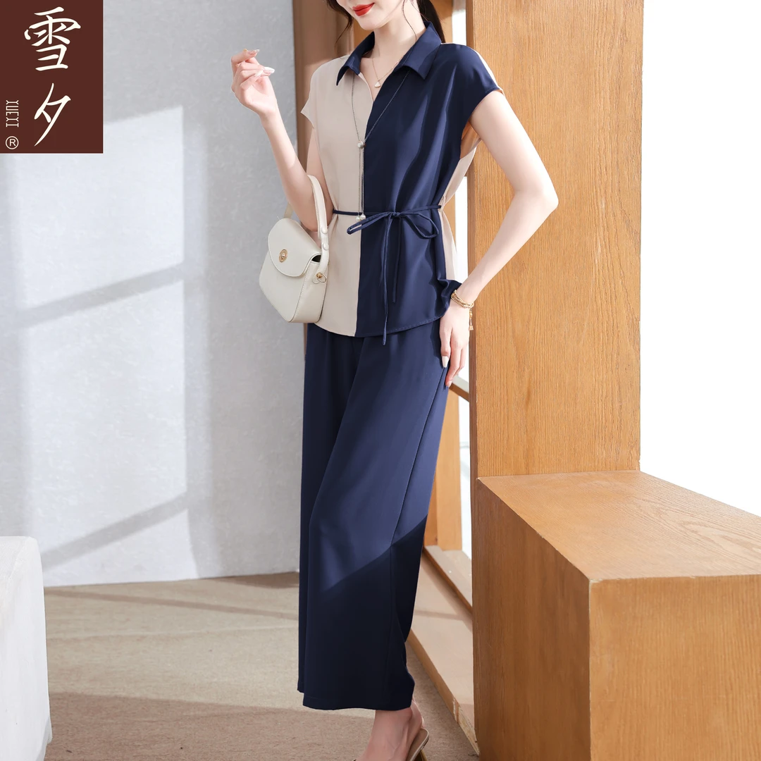 雪夕妈妈夏装短袖套装2025新款阔腿裤两件套中老年女夏季薄款上衣