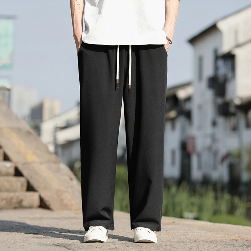 中国风男裤子夏季薄款冰丝裤宽松垂感直筒长裤大码潮牌休闲运动裤
