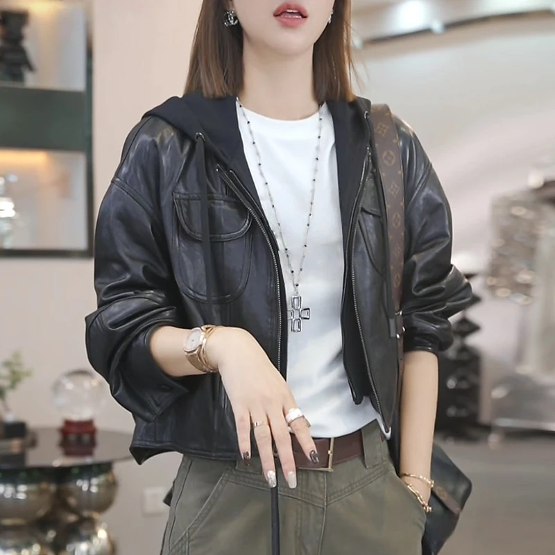 【机车女神】2025早秋新款时尚气质休闲百搭皮衣连帽外套女设计感