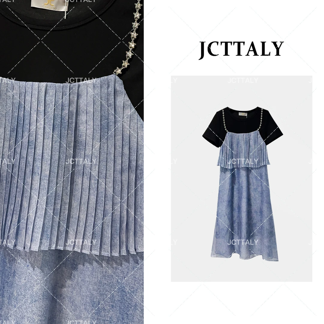 【梅子专属】拼接蓝色捏褶假两件25夏季时尚新品显瘦连衣裙JC-A3126