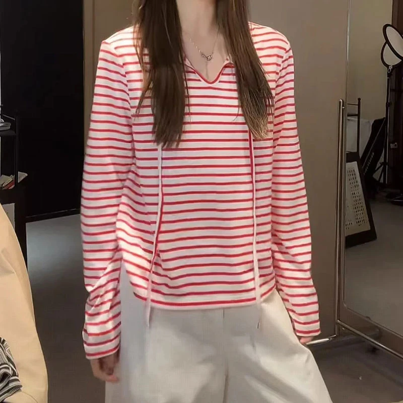 韩系撞色条纹V领长袖T恤女早秋季新款设计感小众洋气时尚百搭上衣