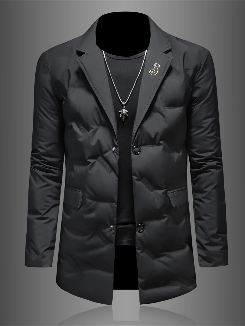 2025年冬季新款男士潮流欧洲站刺绣保暖中长款优质羽绒西装领外套