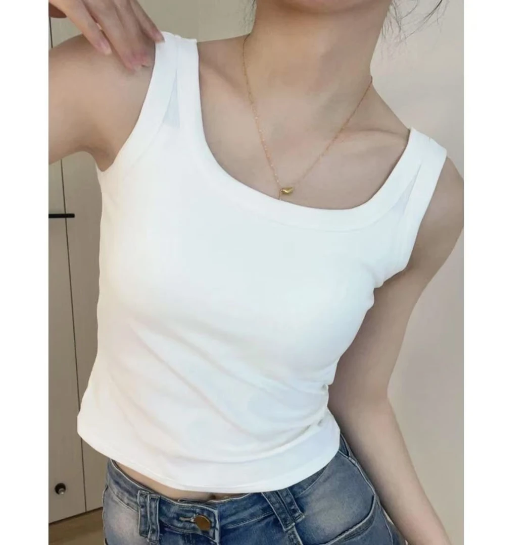 新款带胸垫螺纹纯棉内搭背心女 聚拢乳胶杯百搭圆领无袖打底内衣