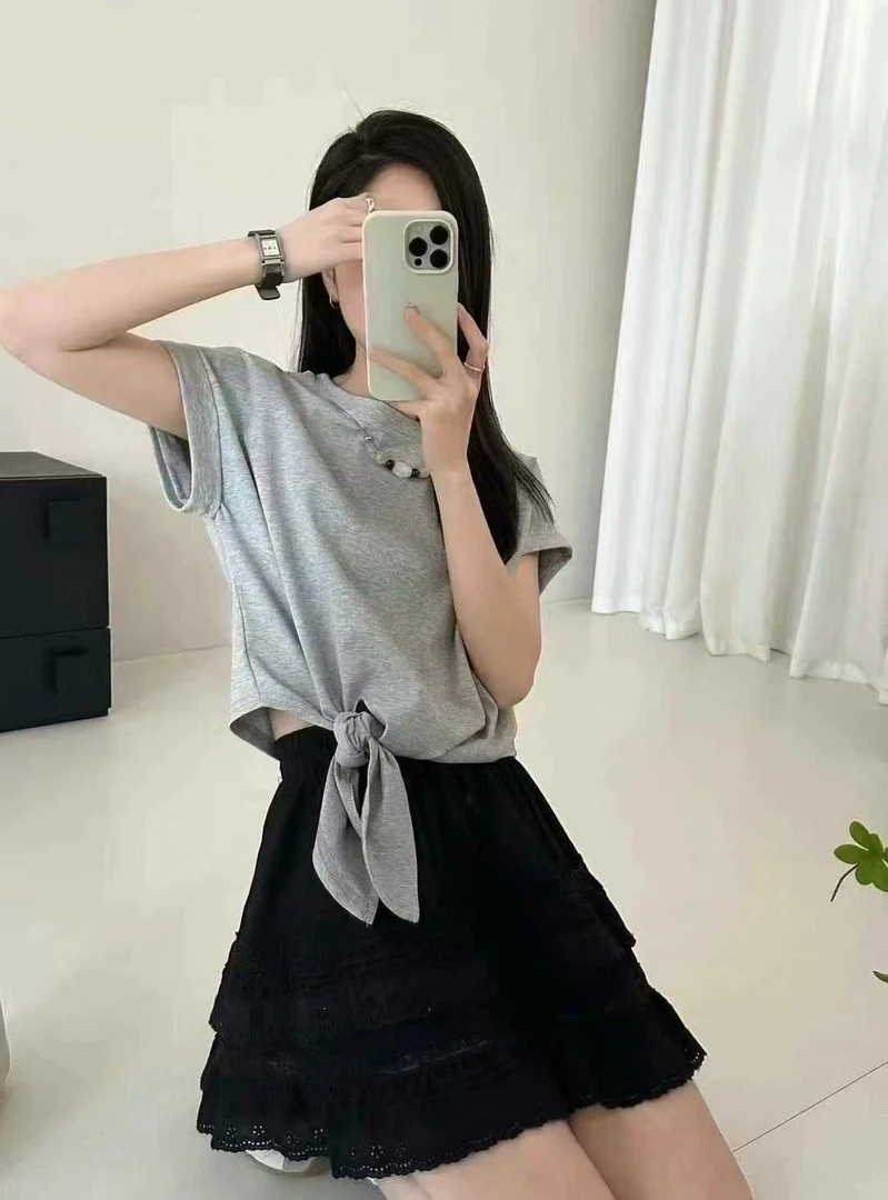 1107番外夏季新款简约时尚百搭气质绑带圆领短袖T恤女