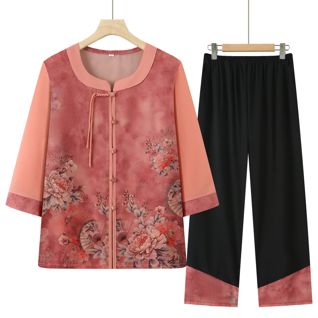 中老年人女妈妈装夏装套装开衫碎花上衣老人衣服夏天奶奶装两件套