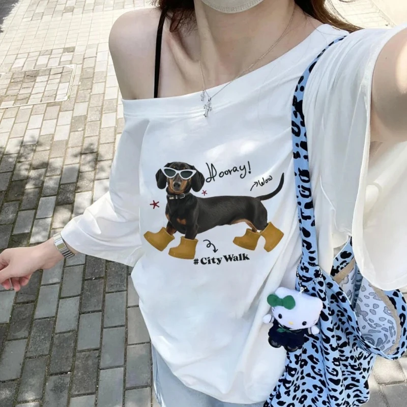 辣妹短袖T恤女夏季2025新款小心机露肩宽松百搭慵懒风纯棉上衣潮