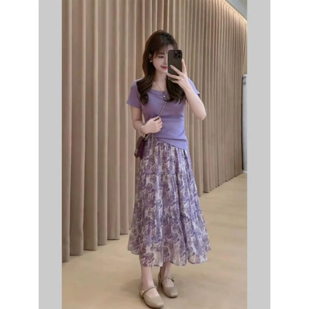 2025超火夏季气质女神范洋气减龄紫色圆领短袖T恤碎花半身裙套装