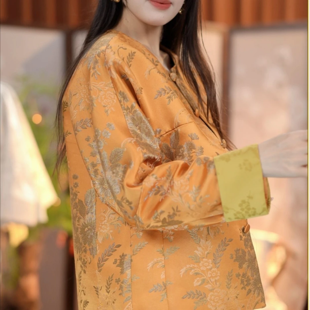 新中式国风桔黄开衫提花女士清冷系禅意圆领秋款外套