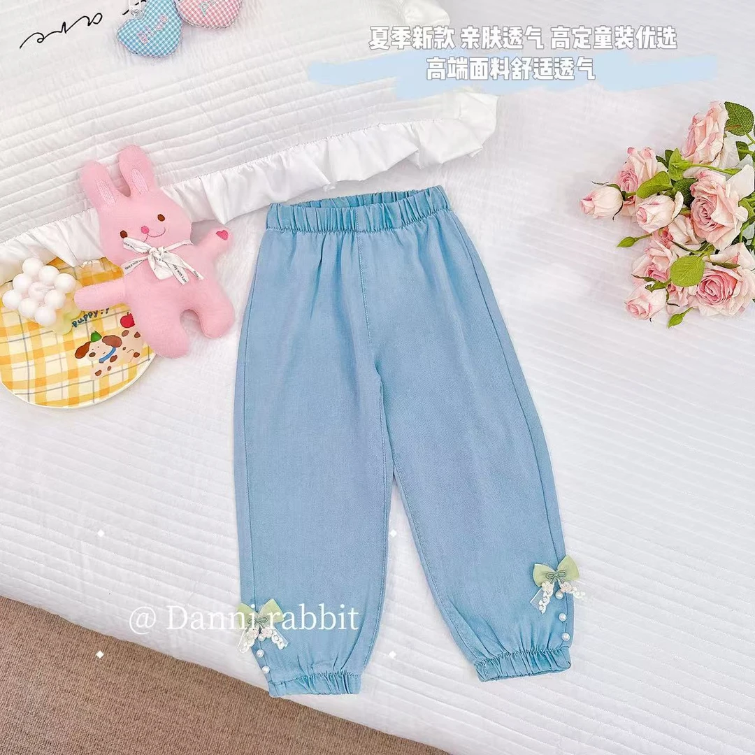 【Dannirabbit】天丝蝴蝶结珍珠牛仔长裤+女童超软百搭长裤 X-7498
