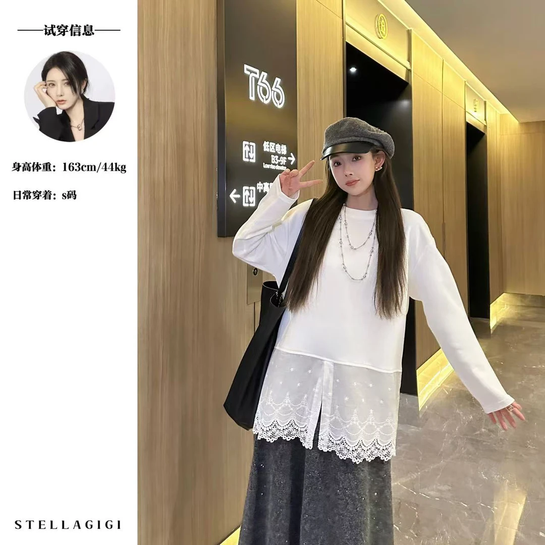 SG / 杨依姗 AW蕾丝花边开叉拼接时髦圆领T恤T-20242851