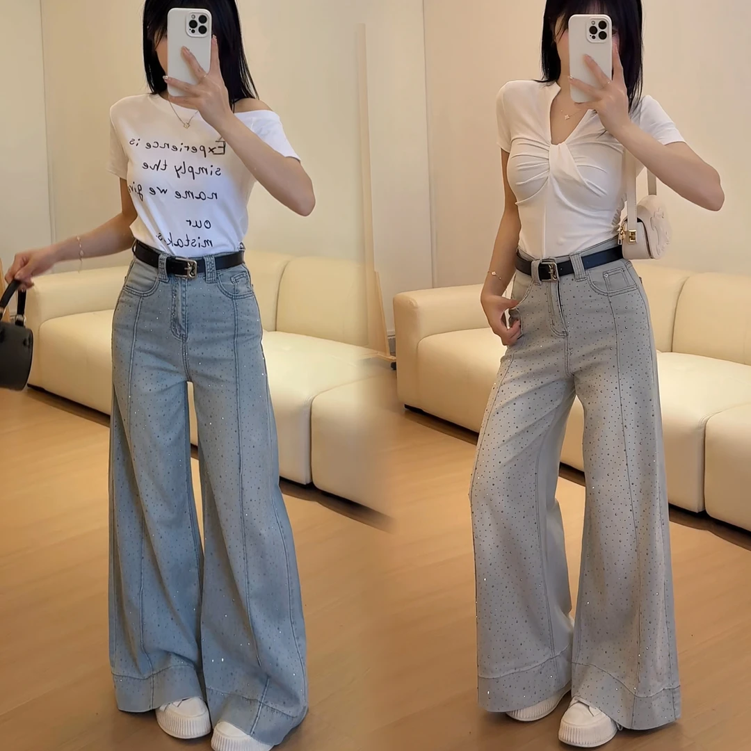 小鱼故事 夏季薄款烫钻弹力高腰阔腿牛仔裤宽松显瘦时尚拖地裤女