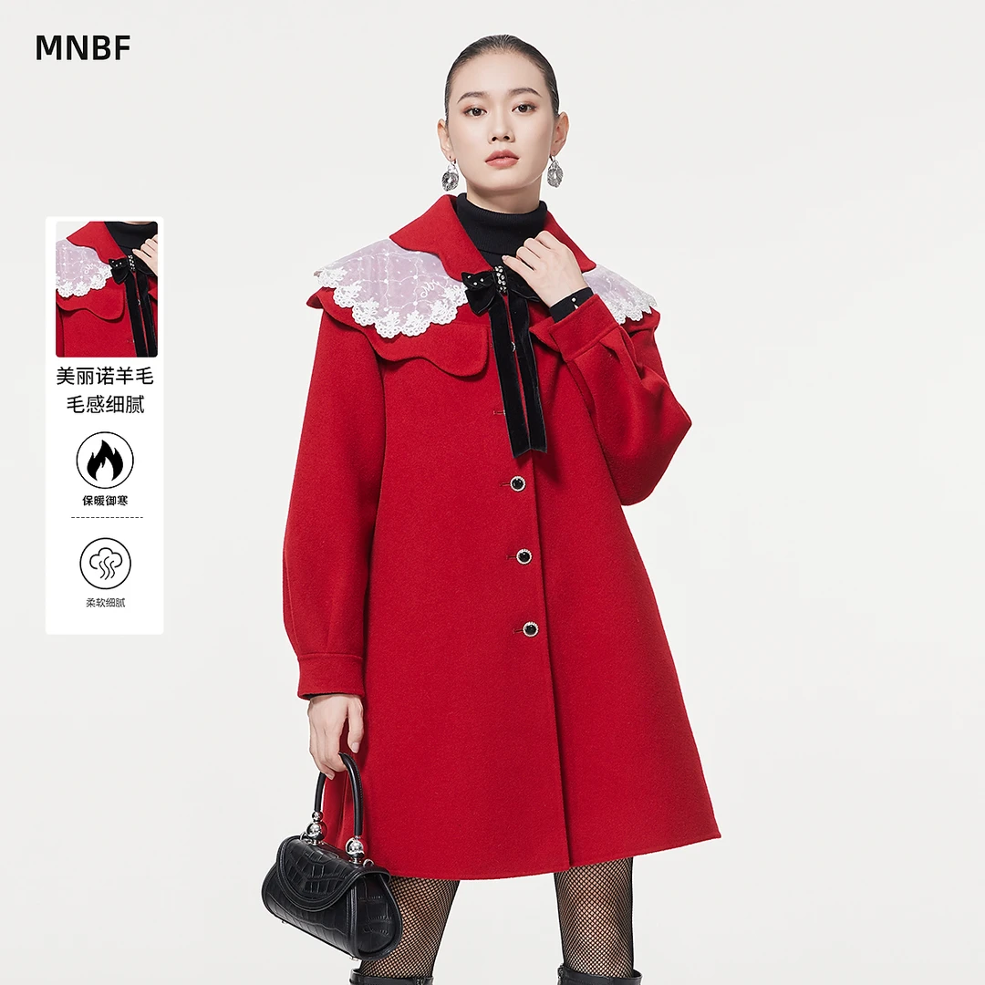 商场同款冬季复古娃娃领红色毛呢外套大衣MEEG145107