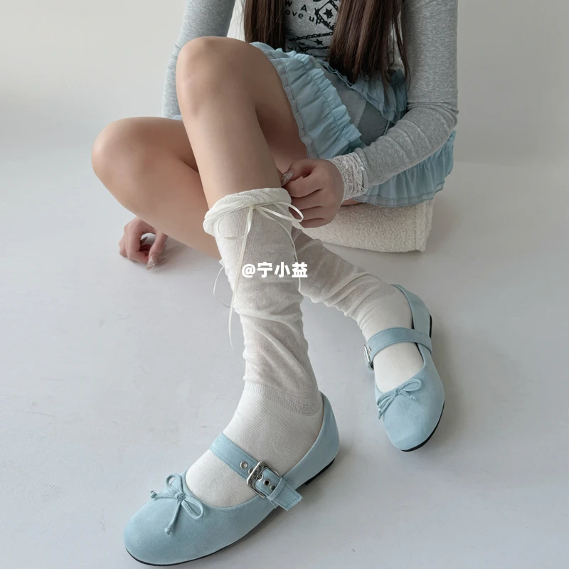宁小益泡泡口小腿袜子女春夏季薄款甜美风堆堆袜丝带蝴蝶结中筒袜