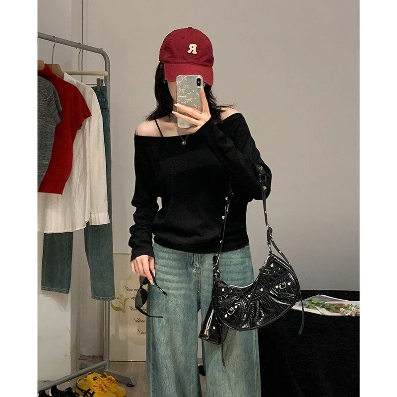 斜肩长袖t恤女秋冬季2025新款打底衫纯欲白色chic内搭一字肩上衣