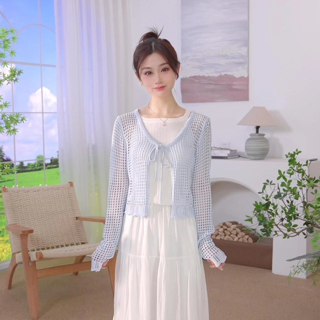 【欧若风新品】茵曼夏季时尚休闲百搭镂空针织衫长袖上衣（多色可选）