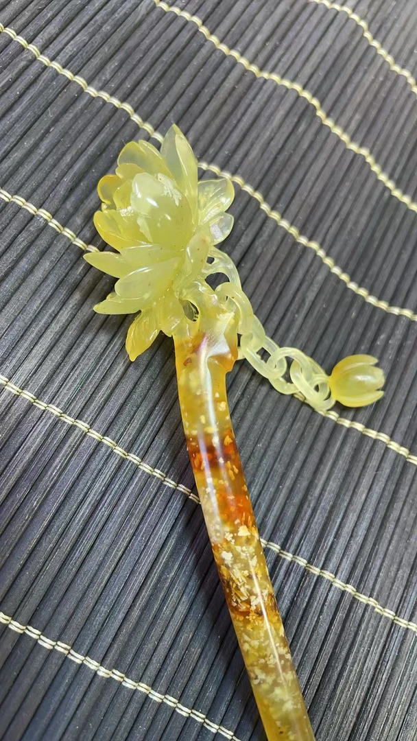 岫玉手工雕花发簪，牡丹花
