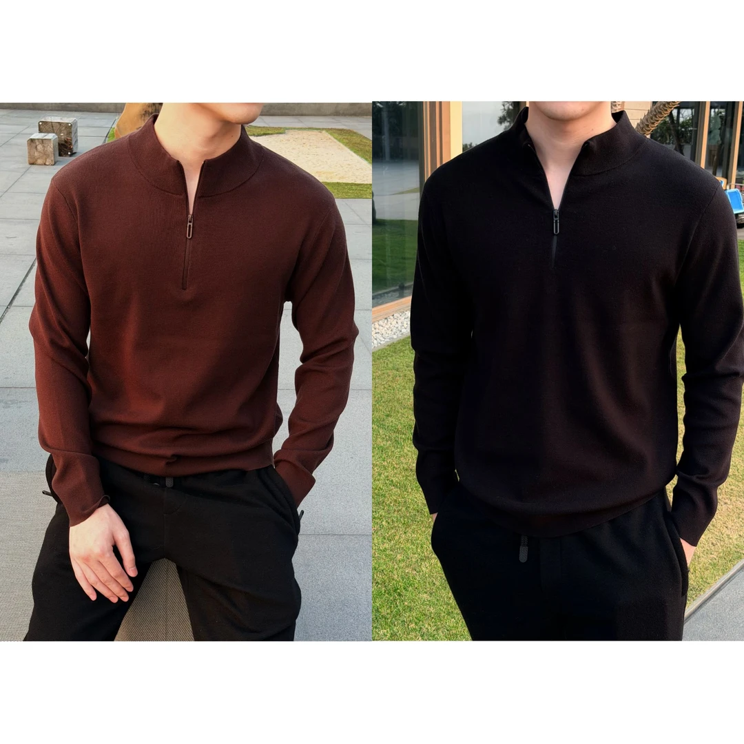 王囡囡 黑/咖色莱赛尔绵羊毛半拉链立领长袖(男款)  S625