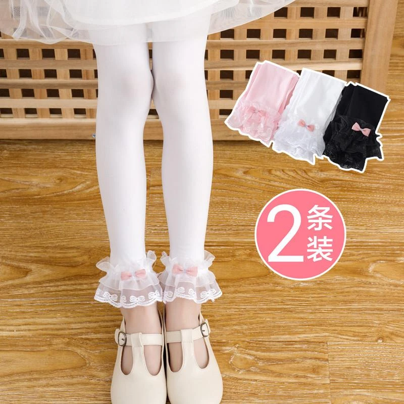 女童春秋夏季薄款白色蕾丝花边打底裤子儿童抗起球公主丝袜连裤袜