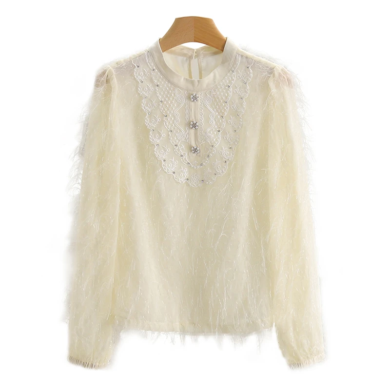 【伍莎-自营】装饰扣立领宽松流苏纯色雪纺衫#RYB48S006