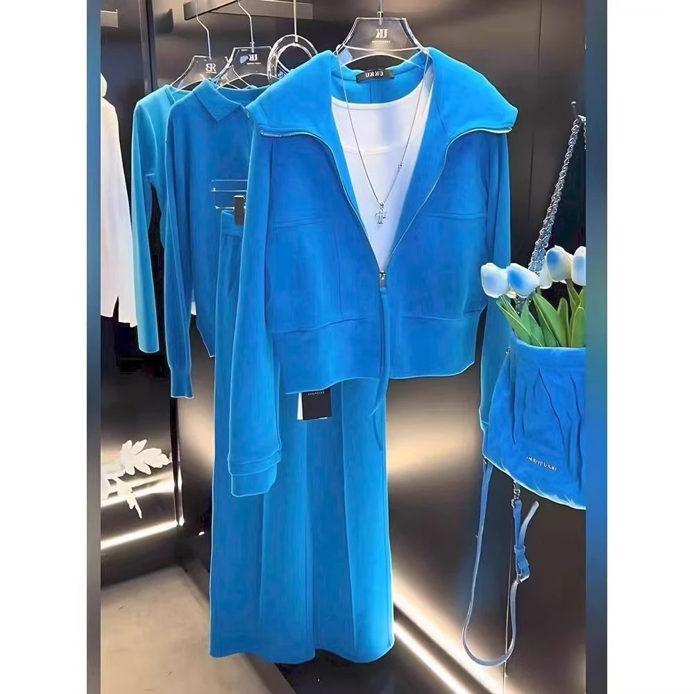 蓝色休闲运动套装女2025年秋季新款欧货时尚洋气高级感穿搭两件套