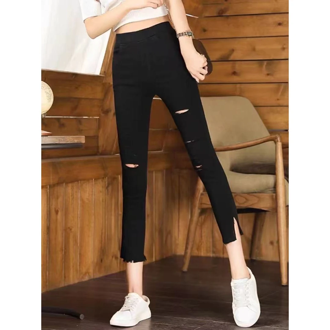 《东北徐老大推荐》 大码显瘦夏季百搭时尚破洞八分小烟管裤8830