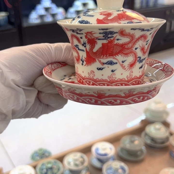 瓷片白青花釉里红九凤马蹄盖碗全品