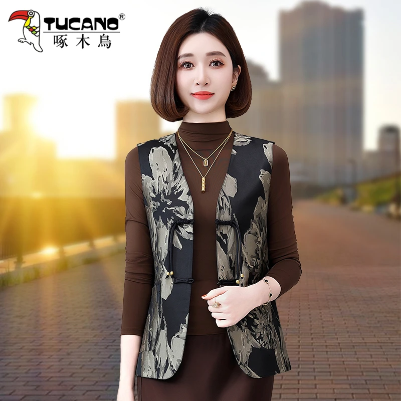 啄木鸟中国风盘扣马甲背心女2025新款春秋妈妈款双面穿新中式西装