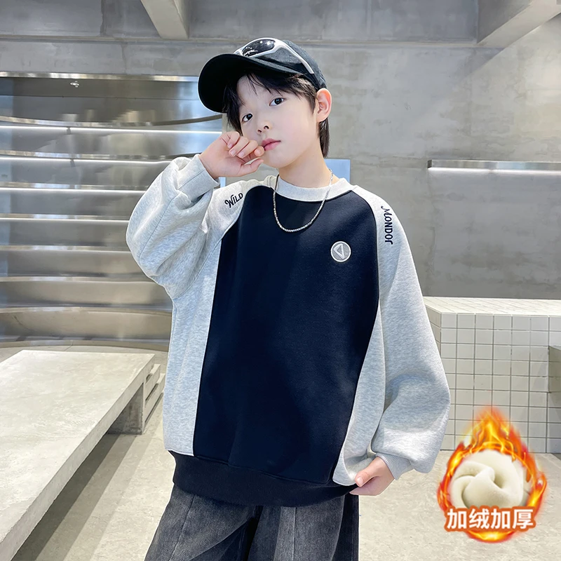 男童冬款加绒卫衣2025新款中大童拼色印花款休闲上衣长袖卫衣