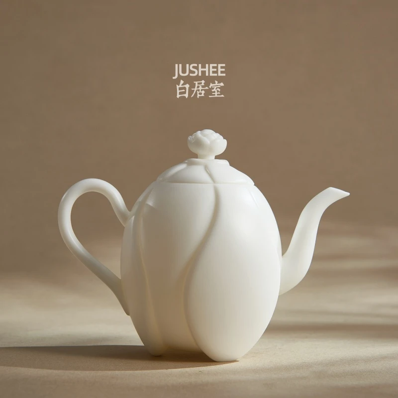 白居室莲花壶素烧德化白瓷羊脂玉瓷中式简约功夫茶具陶瓷泡茶壶